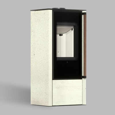 Freistehender Stahl-Kaminofen AKNA aus Ivory Glow Stein