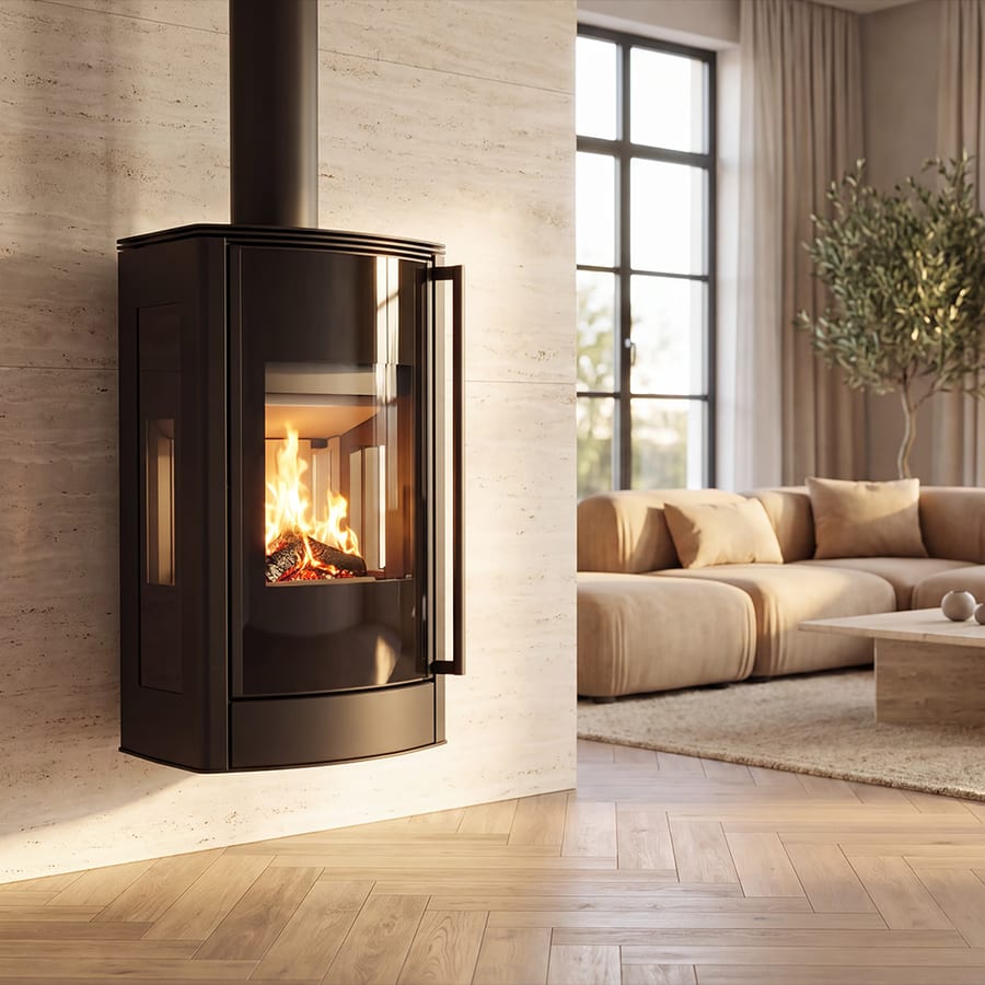 Wandhängender Kaminofen AB ENYO R VIEW 5,5 kW Ø 150 mit Wandhalterung